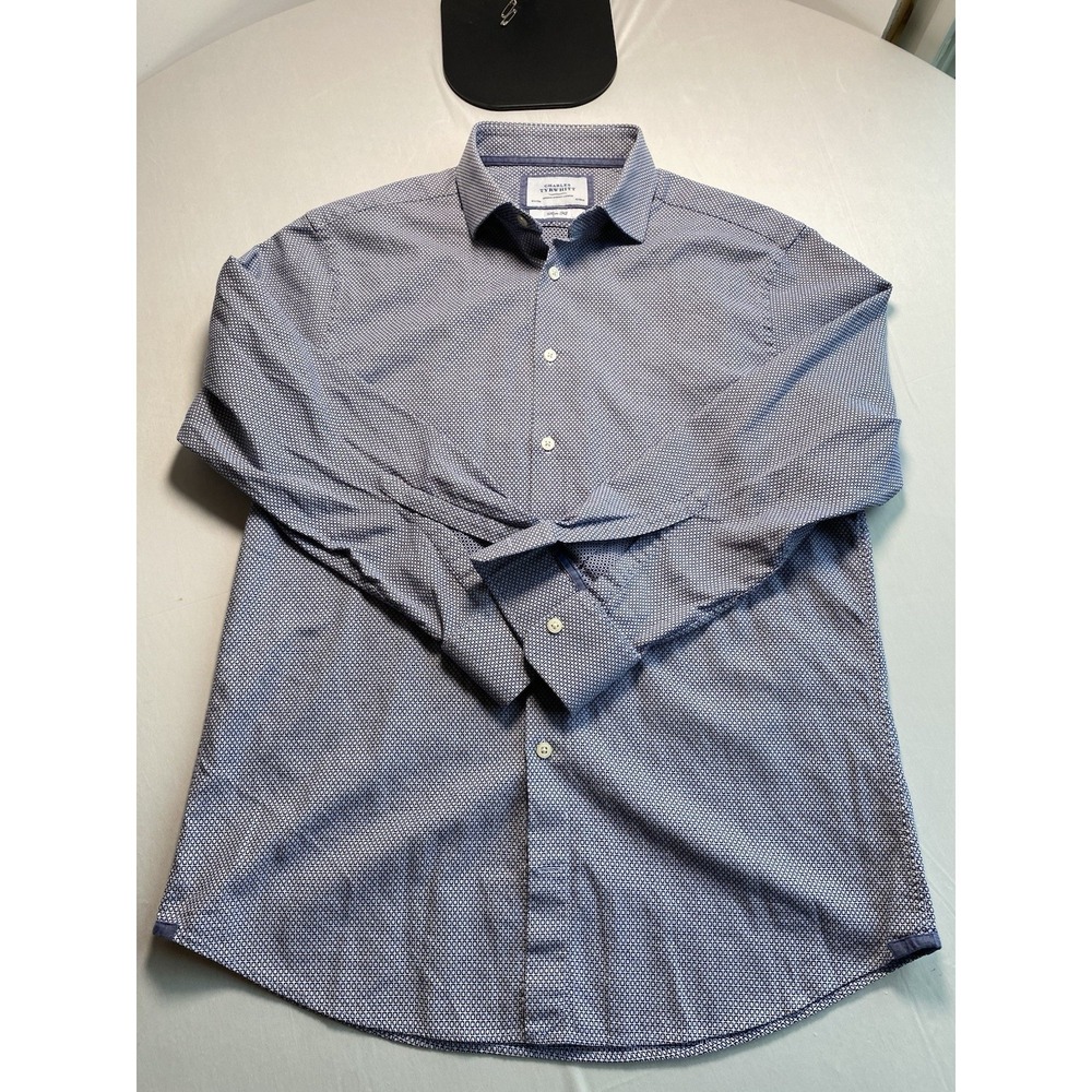 Charles Tyrwhitt Men Slim Fit Shirt 16.5 33 Blue White Geometric Pattern
